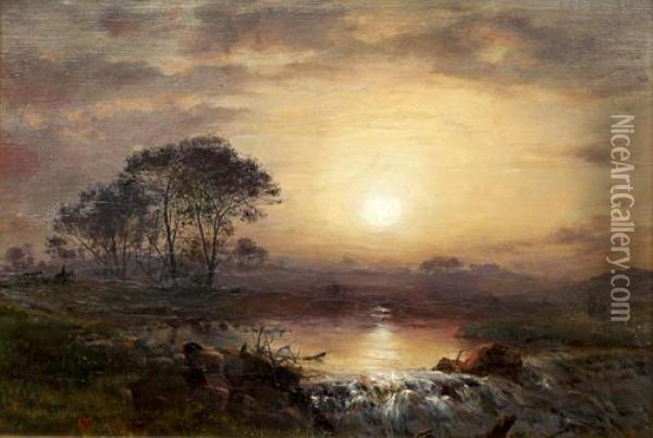 Sunset Landscape With Travellers By A River Oil Painting - Waller Hugh Paton
