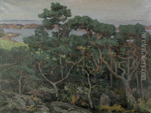 Schwedische Meereskuste Mit Verastelten Kiefern, Vorgelagerter Landzunge Und Segelbooten Oil Painting - Walter Leistikow