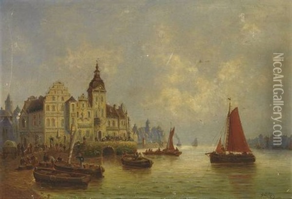 Nordliche Hafenstadt An Einem Dunstigen Morgen Oil Painting - Johann Weiss
