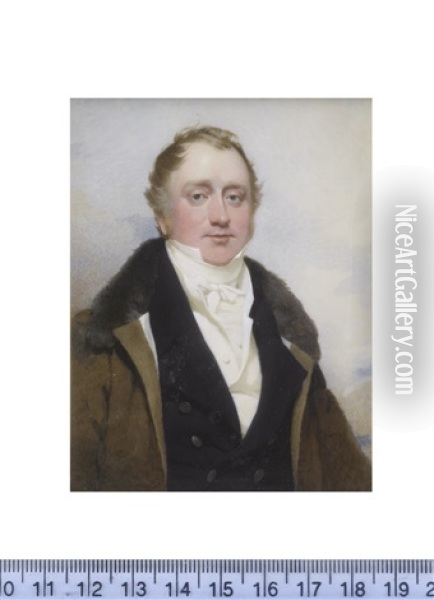 George Broadrick Esq. (1786-1840), Wearing Brown Overcoat With Fur Collar Over Blue Double-breasted Coat, White Waistcoat, Frilled Chemise And Tied Stock Oil Painting - Andrew Robertson