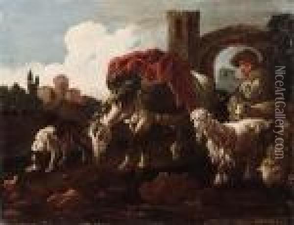 Pastore Con Gregge, Cavallo Ecane Oil Painting - Philipp Peter Roos