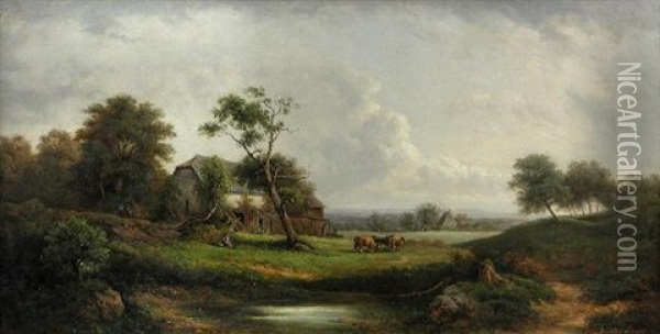 Cattle In A River Landscape By A Mediaeval Barn Oil Painting - Wilhelm Erhardt