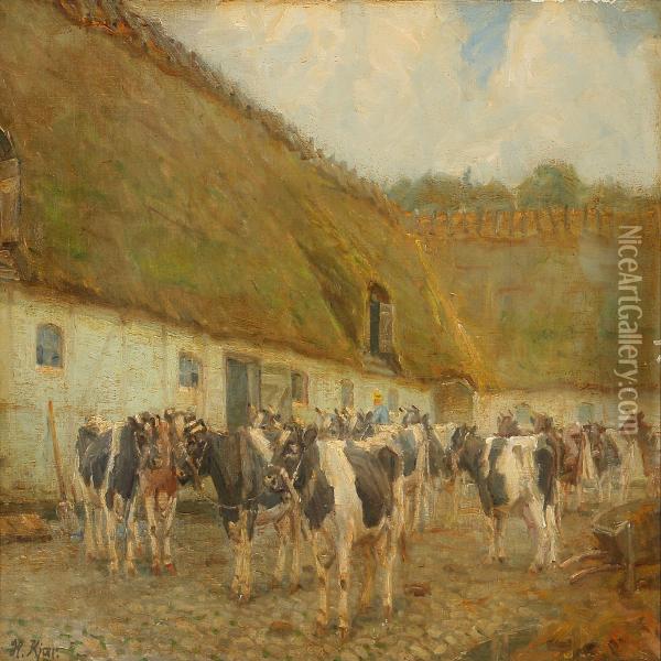 Cattle In The Yard Oil Painting - Harald Kjaer