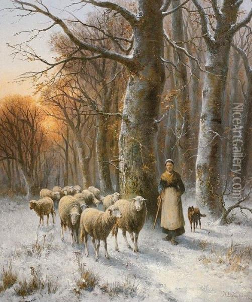 A Shepherdess With Her Flock And A Dog Oil Painting - Hendrik Pieter Koekkoek
