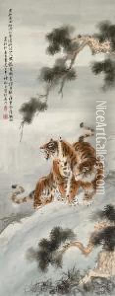 Tigers Under Pine Oil Painting - Zhang Shanzi