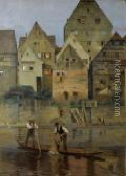 Town View With Fishermen In The River Oil Painting - Carl Rochling
