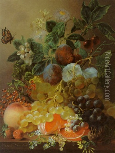 Plums, Grapes, An Orange And Other Fruit And Flowers On A Ledge Oil Painting - Jan Van Der Waarden