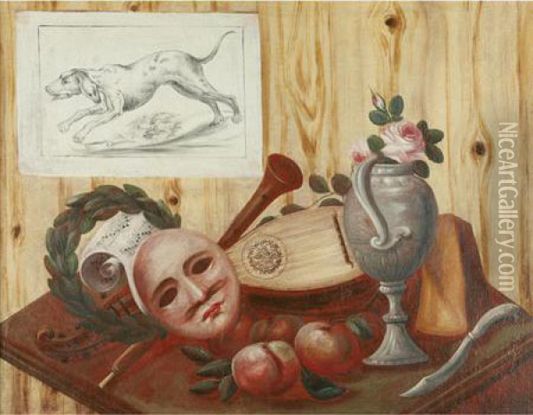 A Trompe L'oeil Of A Mandolin, Flute, Mask, Music Sheet, And Other Objects On A Table Oil Painting - Antonio Mara Lo Scarpetta