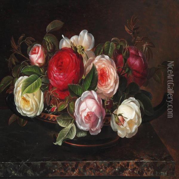 Various Roses In A Greek Bowl Oil Painting - Johan Laurentz Jensen