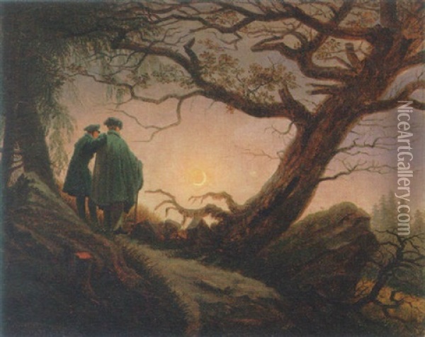 Zwei Manner In Betrachtung Des Mondes Oil Painting - Caspar David Friedrich
