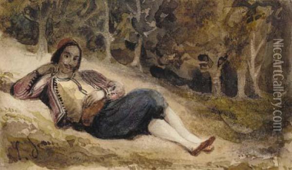 A Reclining Greek Man Oil Painting - Eugene Delacroix