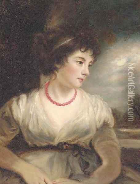 Portrait of a girl, half-length, in a white dress, a moonlit landscape beyond Oil Painting - Thomas Gainsborough