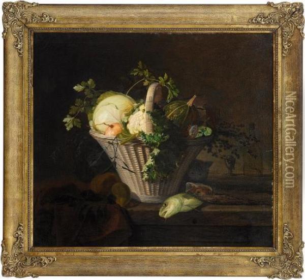 Still Life With Vegetable-basket And Fish1842 Oil Painting - Frants Diderik Boe