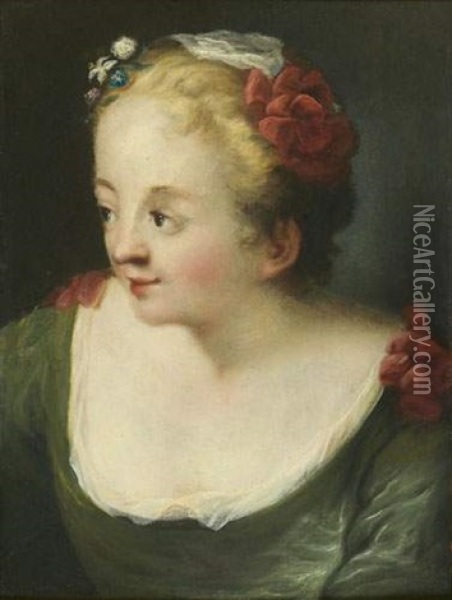 Jeune Femme A La Robe Et A La Coiffure Ornees De Noeuds Rouges Oil Painting - Pietro Antonio Rotari