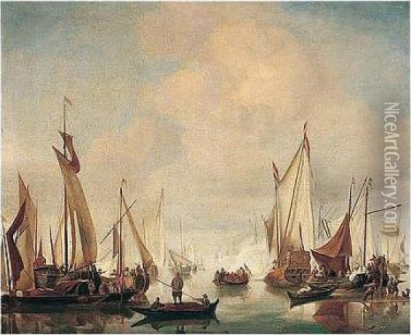 A Dutch Yacht And Fishing Vessels In A Calm Oil Painting - Willem van de, the Elder Velde