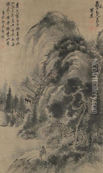 Travelling In The Mountains Oil Painting - Wang Daokun