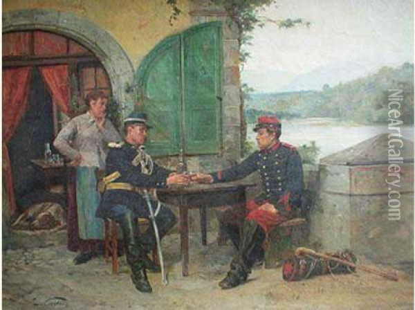 Scene D'auberge Avec Deux Militaires Francais Et Une Vue Du Fort Del'ecluse Oil Painting - Edouard Castres