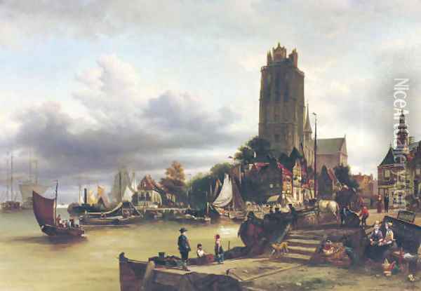 A view of Dordrecht harbour with the Grote Kerk in the background Oil Painting - Elias Pieter van Bommel