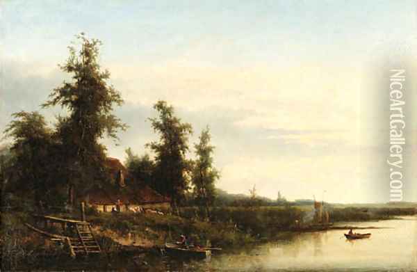 A cottage by a river Oil Painting - Cornelis Johannes De Vogel