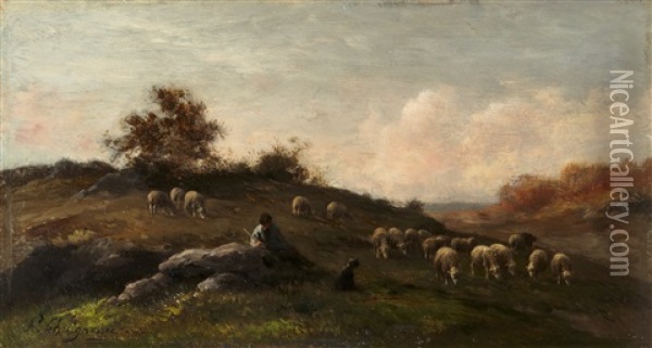 Le Berger Et Ses Moutons Oil Painting - Jean Ferdinand Chaigneau