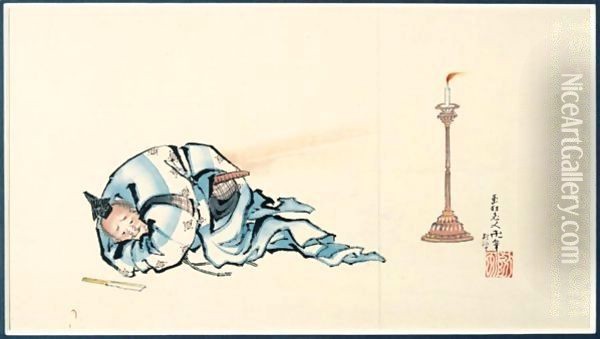 Dessin Un Acteur De Kyogen Pres D'Un Chandelier Oil Painting - Katsushika Hokusai