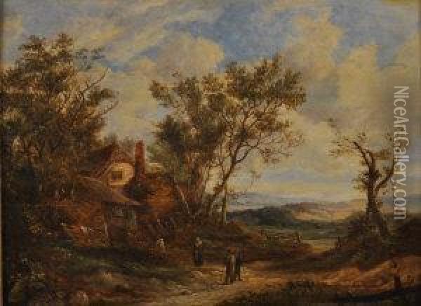 A Pastoral Landscape With Three Figures And A Cottage Oil Painting - James Stark