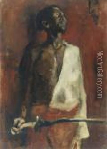 Portrait Of The African Fighter 
Adolf Boutar (recto); Three Waspitten Walking Down A Street (verso) Oil Painting - George Hendrik Breitner