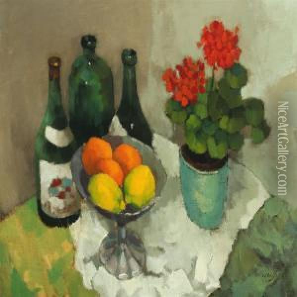 Still Life With Flower, Fruit And Bottles Oil Painting - Ans Van Den Berg