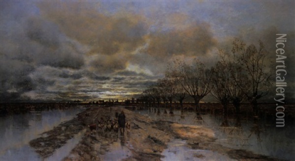 Sonnenuntergang Am Kanal Mit Schafer Oil Painting - Karl Heffner