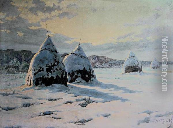Pejzaz Zimowy Ze Stogami Oil Painting - Rafal Wasowicz