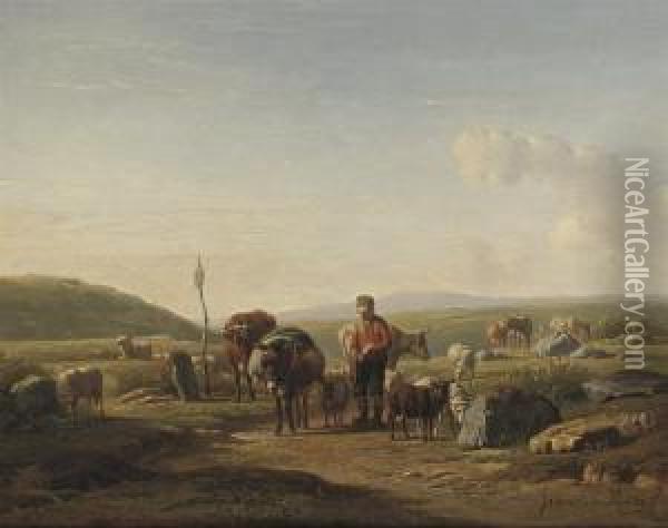 A Farmer With Cows, Sheep And A Mule On A Country Road Oil Painting - Simon Van Den Berg