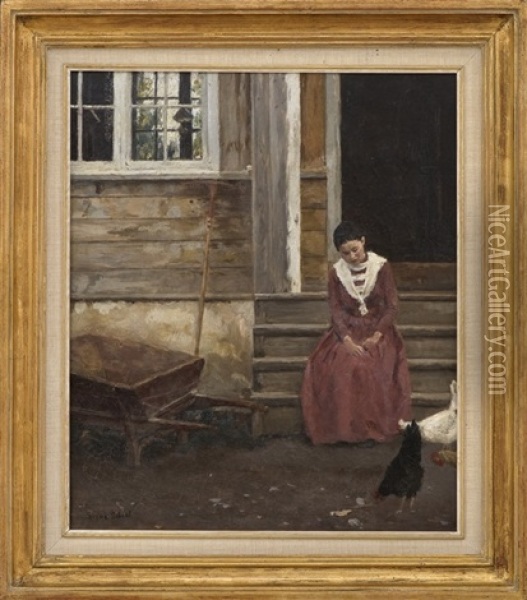 Tora On The Steps To The Office Oil Painting - Signe Scheel
