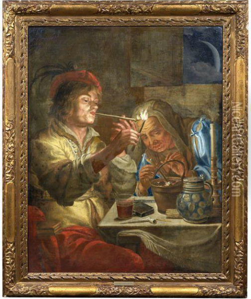 Junger Pfeifenraucher Bei Kerzenschein In Gesellschaft Einer Alten Frau Oil Painting - Gerrit Van Honthorst