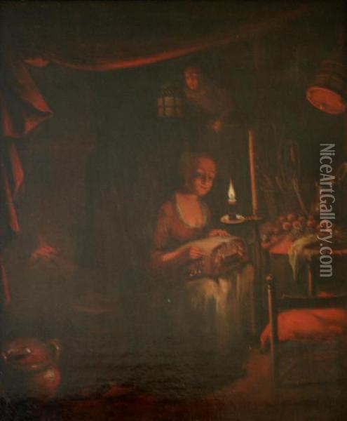 Lacemaker Working By Candlelight Oil Painting - Godfried Schalcken