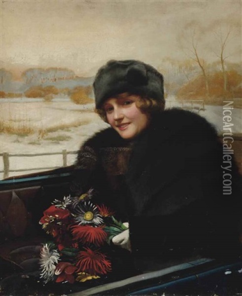Portrait Of A Lady, Half-length, In An Open Topped Car, A Bunch Of Flowers In Her Hand Oil Painting - Harold H. Piffard