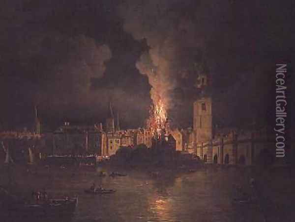 The Waterworks at London Bridge on Fire 1779 Oil Painting - William Marlow