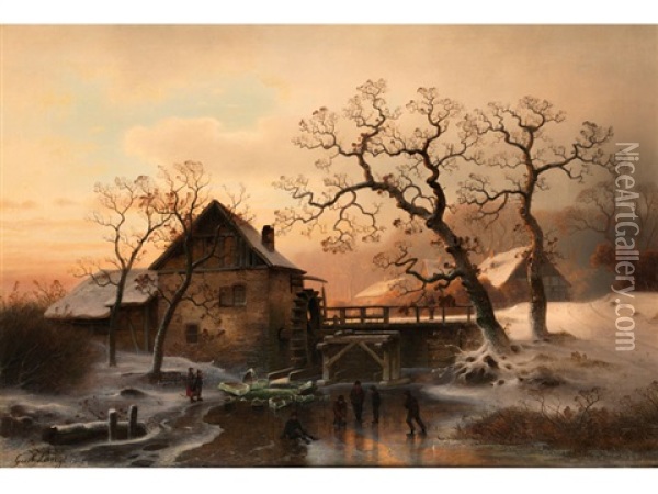 Hollandische Muhle In Winterlandschaft Mit Eislaufern Oil Painting - Johann Gustav Lange