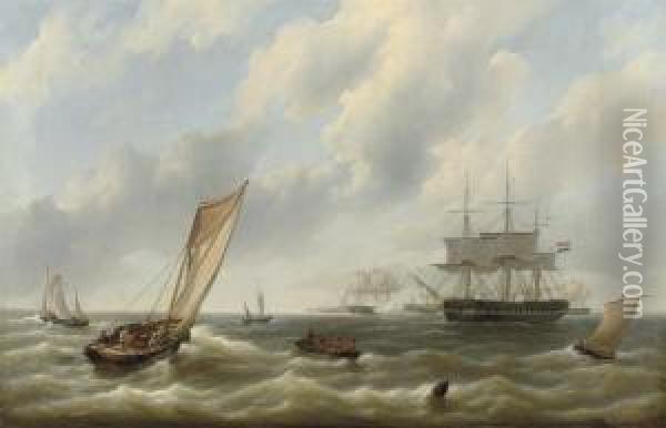 A Squadron Of Dutch Warships Setting Out To Sea, Vlissingen In The Distance Oil Painting - Petrus Jan Schotel