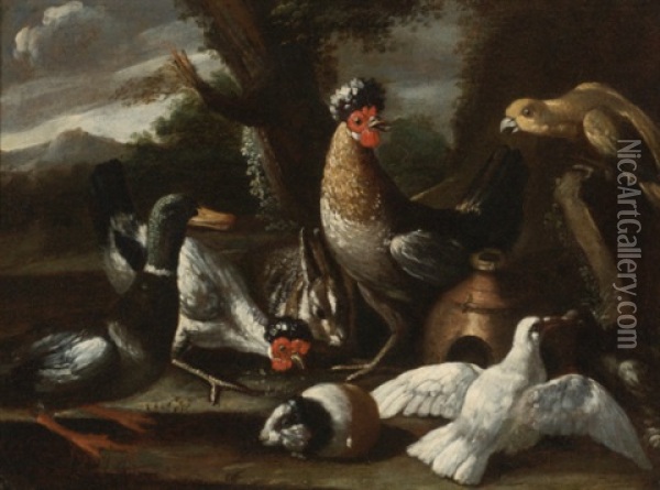 A Parrot, Chickens, A Duck, And Turtledoves, Together With A Rabbit And A Guinea Pig In A Landscape Oil Painting - Melchior de Hondecoeter