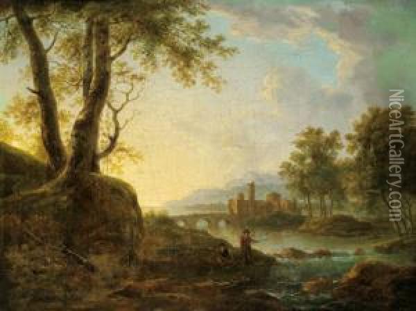 Paesaggio Fluviale Con Un Castello E Pescatori Oil Painting - Gianbattista Cimaroli
