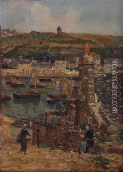 Figures By The Port Oil Painting - Jules Ribeaucourt