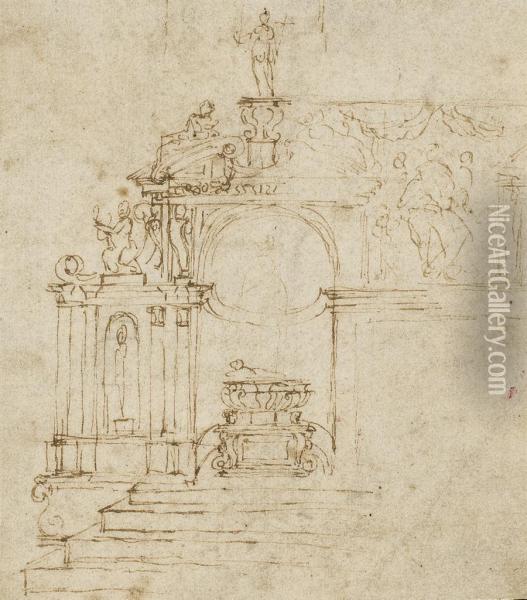 Study Of An Ornamented Chapel With A Central Tomb Oil Painting - Antonio Ii Da Sangallo