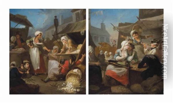 A Country Market Scene With Peasants Drinking Beside A Tavern; And A Market Scene With Women Fighting Over An Overturned Basket Of Eggs (pair) Oil Painting - Jean-Baptiste Charpentier the Elder
