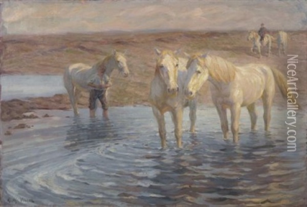 Pferde In Der Schwemme (puszta) Oil Painting - R. Alfred Queck