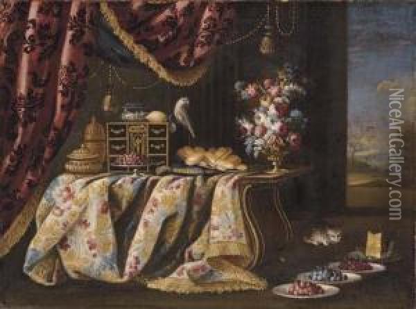 Silver Gilt Pots, A Cabinet, A 
Bowl Of Cherries, A Plate Of Bread Rolls, A Parrot And Flowers On A 
Draped Table, With A Cat And Plates Of Berries And Cheese Oil Painting - Francesco (Il Maltese) Fieravino