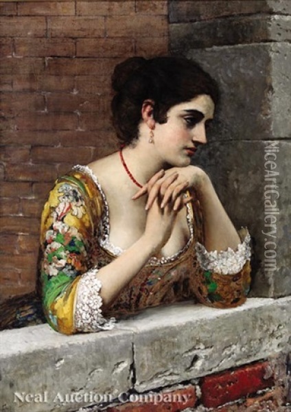 Venetian Beauty On A Balcony Oil Painting - Eugen von Blaas