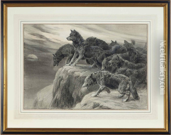 A Pack Of Wolves Howling At The Moon Oil Painting - Herbert Thomas Dicksee