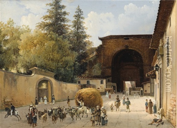 Une Des Entrees Des Jardins Boboli A Florence, La Porte Romaine Oil Painting - Consalvo Carelli