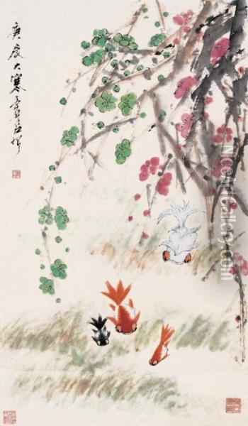 Xu Guplum Blossom Andcold Fish Oil Painting - Xu Gu