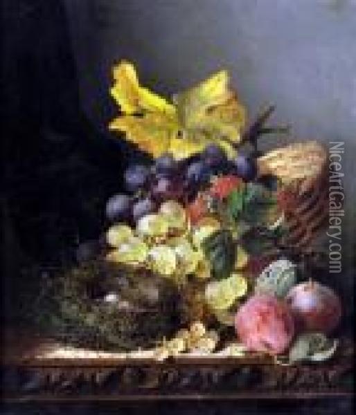 Still Life, Birds Nest And Ripe Peaches, Grapes And Strawberries Oil Painting - Edward Ladell